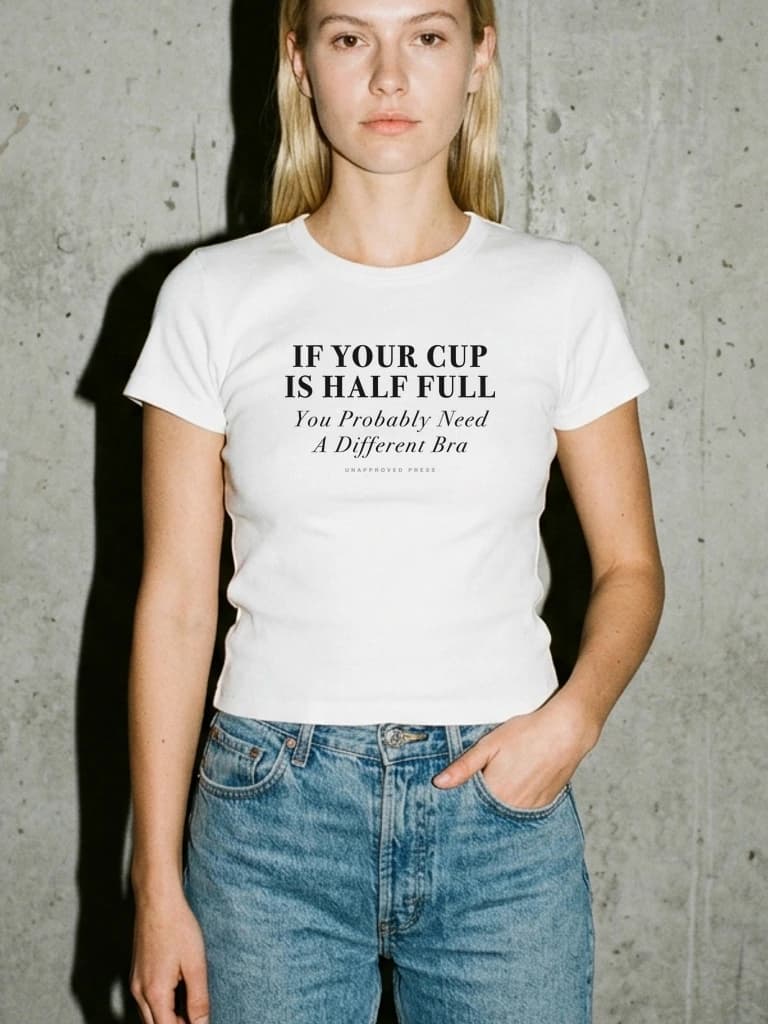 CUP HALF FULL, UNAPPROVED PRESS Baby Tee, Lookbook Editorial Bust Crop