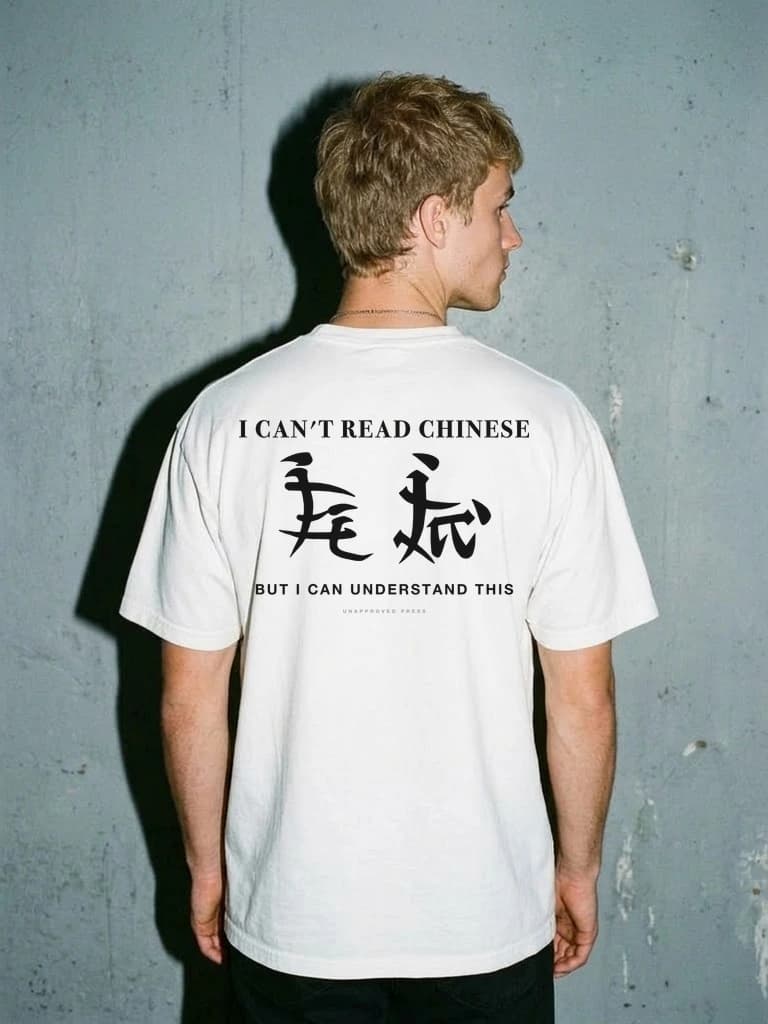 I CAN'T READ CHINESE, UNAPPROVED PRESS Heavyweight Garment-Dyed Cotton Tee, Lookbook Editorial Upper Back View