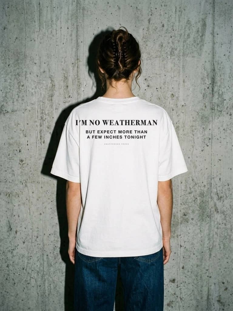 I'M NO WEATHERMAN, UNAPPROVED PRESS Heavyweight Garment-Dyed Cotton Tee, Lookbook Editorial Upper Back View